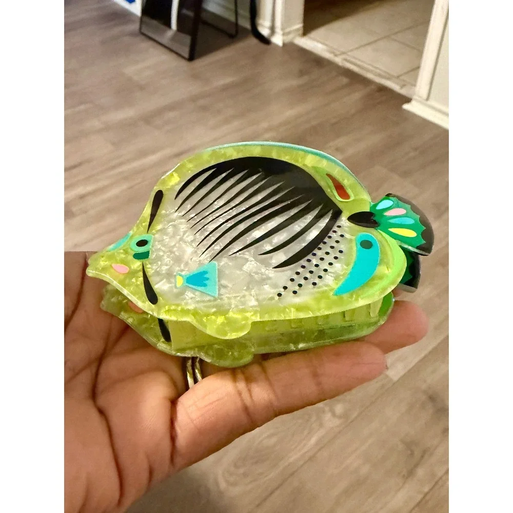 Tropical Fish Hair Claw Clip Lime Green Pearlescent Acetate Summer Accessory